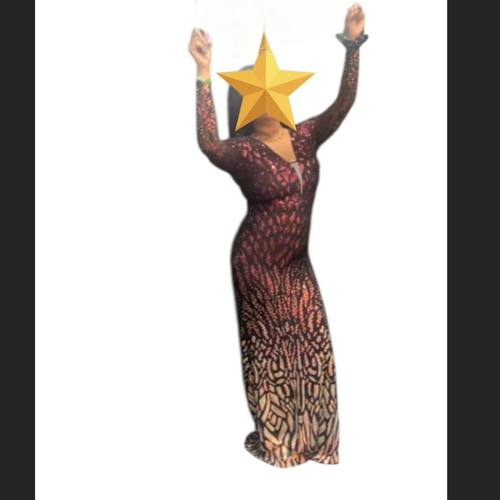Elegant Black and Multi Color Sequined Long Dress Womens Medium